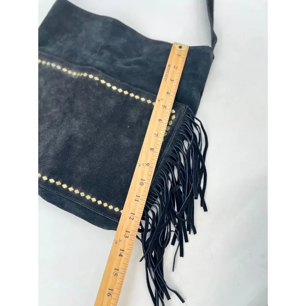 Vintage Steve Madden Black Suede Leather Fringe Studded Crossbody Bag Shoulder